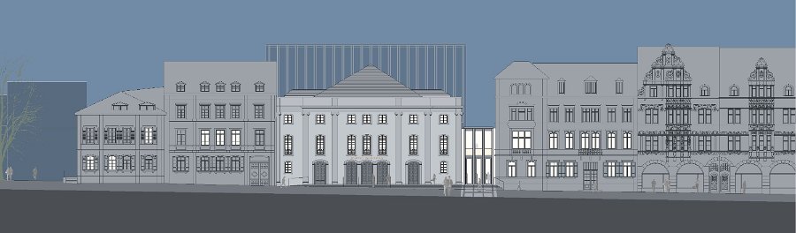 ansicht ost nacht.JPG - Nachtansicht Theaterstraße 6 mit beleuchtetem Neubau (Grafik: büro waechter+waechter architekten bda)